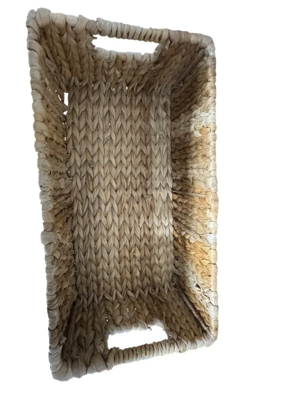 Handwoven Rectangular Water Hyacinth Basket With Handles For Storage Or Decor